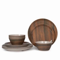 12PCS Cheap Wooden Design Unbreakable Round Melamine Western Picnic Dinnerware Set